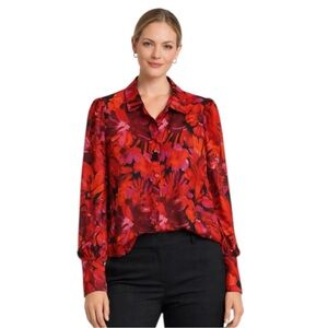BTFBM Red Floral Button Front Blouse Long Sleeve Collared Shirt Size M
